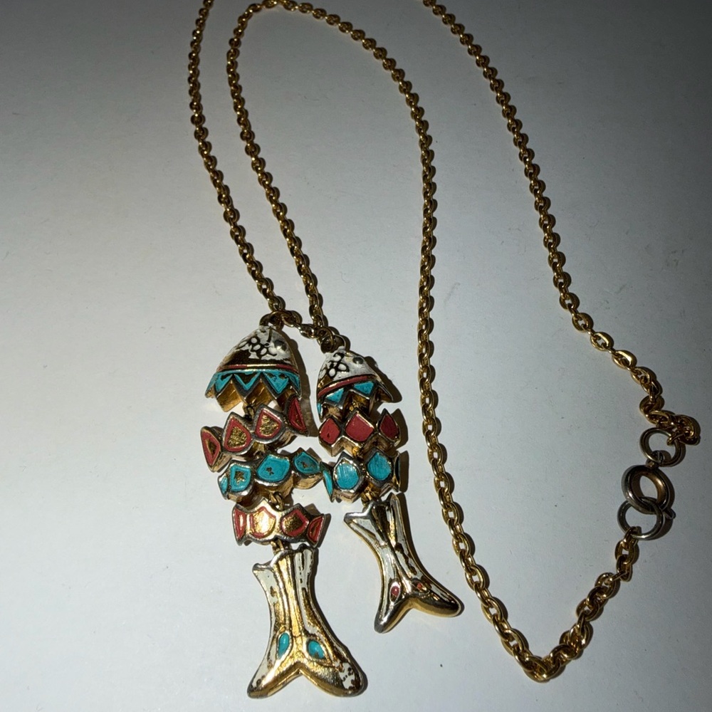 Vtg Articulated Gold-Tone & Enamel Two Fish Necklace